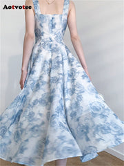 Floral Printed Fairycore Midi Dress Women Elegant Spaghetti Strap Slim Casual Fashion Dress