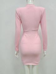 Mini Dress Women Long Sleeve Key Hole Button Pink Bodycon Bandage Elegant Evening Club Party Winter