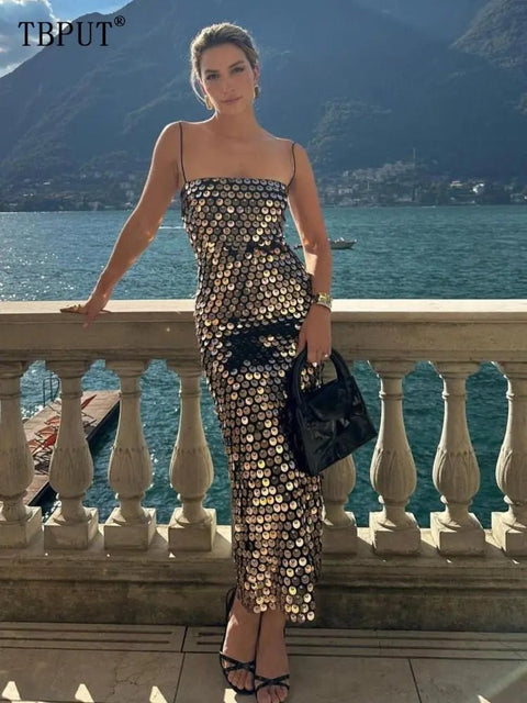 Maxi Dress Women Elegant Sparkling Sequin Slim Backless Spaghetti Strap High Quality Party Evening Long