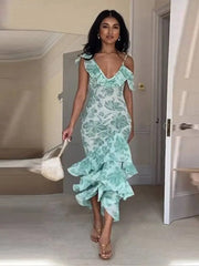 Floral Midi Dress Women Smocked Ruffle Vintage Sleeveless Spaghetti Strap Tiered Slim Prom Evening