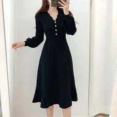 Long Sleeve Knit Midi Dress Women Vintage Pleated Elegant Party Casual Winter Fashion Dress