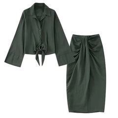 Ladies Long Sleeve Bow Shirts Tops+Side Split Pleated Skirts Sets