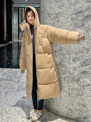 Quilted Winter Coat Women Extra-Long Hooded Thick Warm Padded Loose Casual Outerwear Fashion