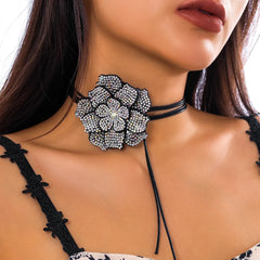 Luxury Full Rhinestone Big Rose Flower Choker Necklace for Women Black Leather Wax Rope Adjustable Choker Chain