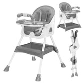 Gray and white high chair with multiple views on a white background