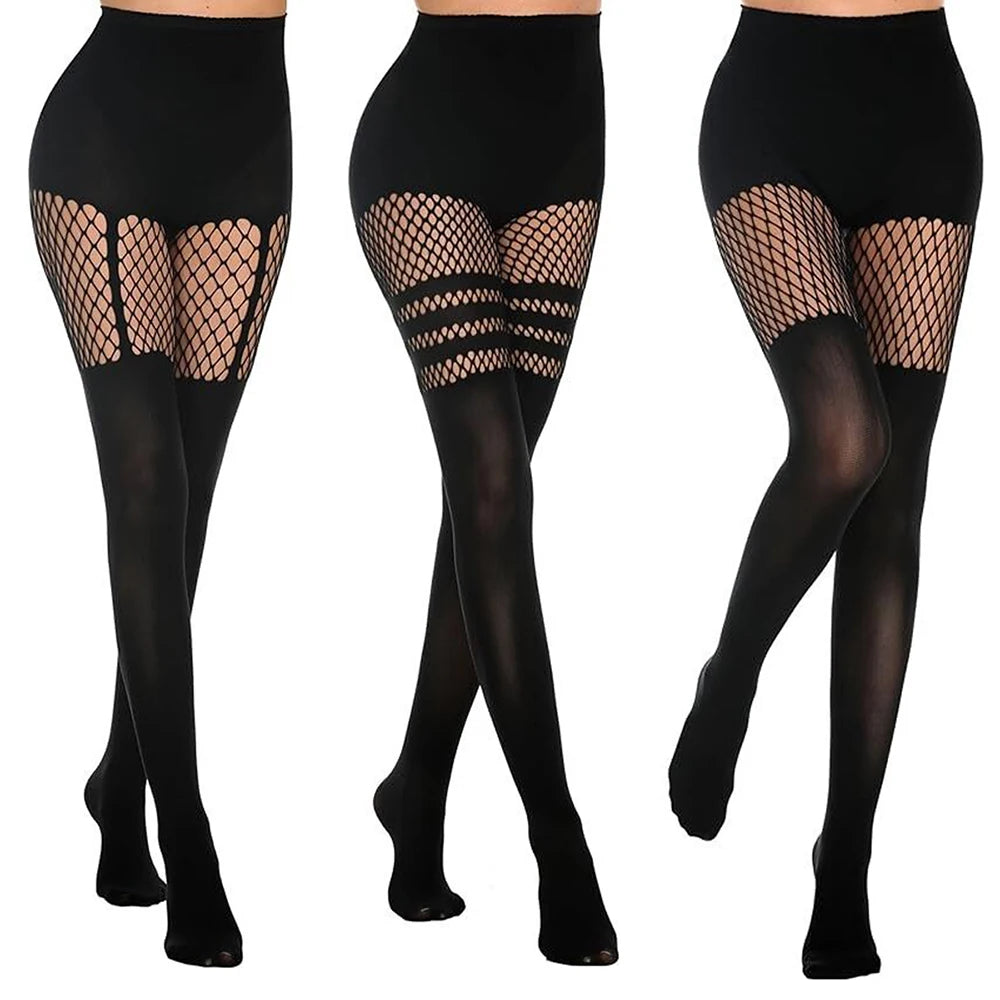 Black fishnet tights with mesh panels on a white background