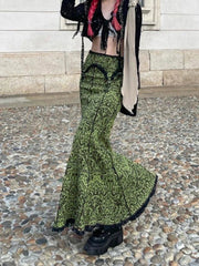 Maxi Skirt Women Y2K Vintage Green Mermaid Graphic Print Lace Trim Mid-High Waist 2000s Aesthetic
