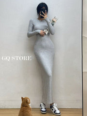 Long Sleeve Slim Maxi Dress Women Round Neck Elegant Casual Party Winter Fashion Dress