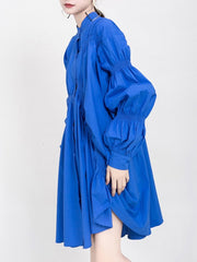 Long Sleeve Asymmetric Maxi Dress Women Pleated Loose Fit Stand Collar Casual Fashion Dress
