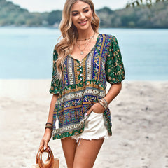 Floral Print Boho Beach Blouses Vintage Short Sleeve V Neck Blouse