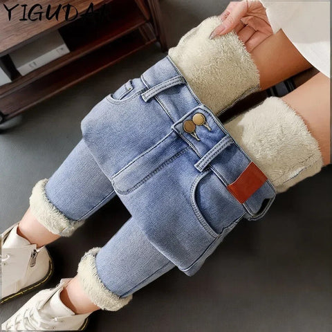 Fleece Lined Jeans Women High Waist Skinny Thick Warm Winter Pencil Pants Cold Weather Fashion