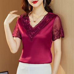Short Sleeve Satin Lace Shirt Blouse Embroidered Stitch Elegant Tops for Women