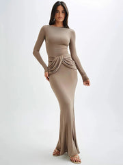 Bodycon Maxi Dress Draped Waist Full Length Gown Elegant Evening Party Formal Tight Fitted Women