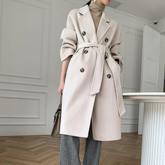 Cashmere Double-Sided Wool Long Coat Women Thick Belt Elegant Warm Winter Outerwear Fashion
