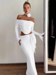 Skirt Set Women 2-Piece Bodycon Flower Slim Backless Lace-Up Top Elegant Party Long Dress Suit