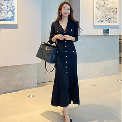 Long Sleeve Midi Dress Women Elegant Single Breasted V-Neck Party Casual Chic Fashion Dress