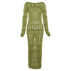 Long Sleeve Hollow Out Maxi Dress Women Backless Slash Neck Club Party Elegant Fashion Dress