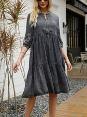 Denim Midi Dress Women Vintage Knee-Length Solid Color Casual Elegant Fashion Dress