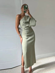 One Shoulder Midi Dress Women Elegant Backless Side Slit A-Line Casual Party Fashion Dress