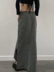 Low Waist Cargo Maxi Skirt Women Y2K Slit Retro Grunge Casual Streetwear Fashion Skirt