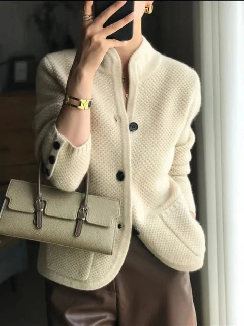 Cashmere Cardigan Women Knitted Premium Wool Long Sleeve Half High Collar Solid Elegant Fashion Top