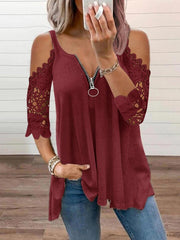 Women's Oversized T-Shirt Cutout Black Lace 3/4 Sleeves Casual V-Neck Tops