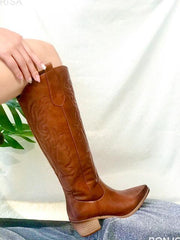 Cowboy Boots Women Western Knee High Pointed Toe White Embroidered Chunky Block Heel Fashion