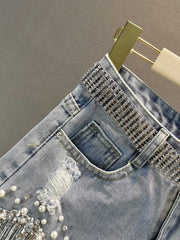 High Waist Wide Leg Denim Shorts Women Tassel Beading Elegant Casual Summer Fashion
