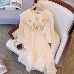 Floral Embroidered Midi Dress Women White Peter Pan Collar Half Sleeve Mesh Chic Loose Fashion