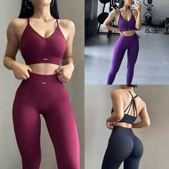 Collage of a person wearing a purple athletic outfit in different poses.