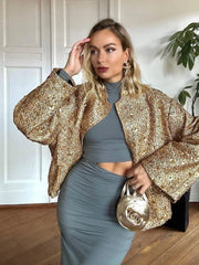 Bomber Jacket Women Gold Sequin Sparkly Loose Long Sleeve Casual Pockets Autumn Outerwear