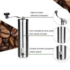 Stainless steel manual coffee grinder with features highlighted on a white background.
