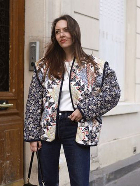 Quilted Cotton Jacket Women Vintage Flower Print Spliced Oversized Long Sleeve Warm Outerwear
