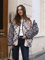 Quilted Cotton Jacket Women Vintage Flower Print Spliced Oversized Long Sleeve Warm Outerwear