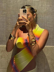 Maxi Dress Womens Gradient Diagonal Collar Fashion Hollow Out Backless Sleeveless Dresses Irregular Evening Cocktail Dress