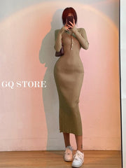Long Sleeve Fishtail Maxi Dress Women Slim Button Elegant Casual Party Winter Fashion