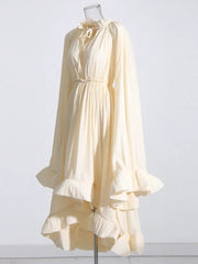 Maxi Dress Women V-Neck Cloak Sleeve High Waist Ruffle Irregular Hem Elegant Casual Summer Dress