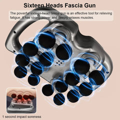 Sixteen Heads Fascia Gun with text on a beige background