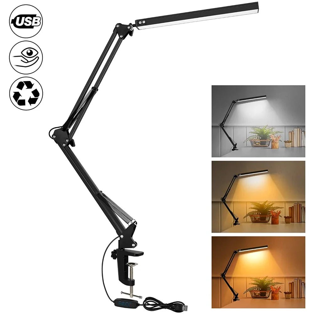 Black adjustable desk lamp with USB connection on a white background