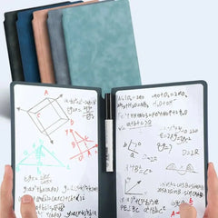 Two notebooks with mathematical equations and diagrams, held open by hands against a white background.