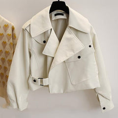 Faux Leather Biker Jacket Women Turndown Collar Loose Casual Streetwear Outerwear Fashion