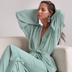 Long Sleeve Pajama Set Women Elegant Solid Loose 2-Piece Lounge Sleepwear Casual Fashion