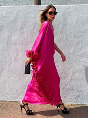 Long Sleeve Layered Ruffle Maxi Dress Women Diagonal Collar Asymmetric Elegant Evening Fashion