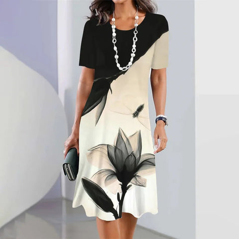 Midi Dress Women Plus Size Short Sleeve O-Neck Floral Print Chic Casual Party Fashion Dress