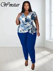 Pant Set Women Plus Size 2-Piece Printed Top Solid Matching Leggings Casual Spring Summer Suit