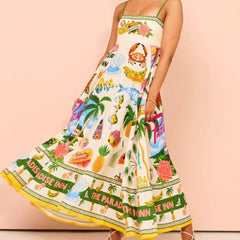 Maxi Dress Women Spaghetti Strap Printed Backless Sleeveless Drawstring Elegant Holiday Casual Vacation