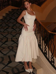 Ruffled Patchwork Midi Dress New Fashion Slim High Waist Backless Pleated Sleeveless Long Dress