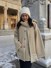Winter Coat Women Warm Scarf Single Breasted Elegant Pockets Loose Streetwear Casual Outerwear Fashion