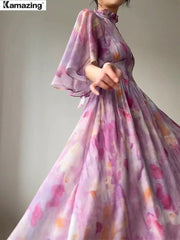 Maxi Dress Women Elegant Slim Print Stand Collar Half Sleeve High Waist Ruched A-Line Long Fashion