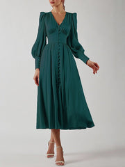 Long Sleeve Button Down Midi Dress Women Elegant Beige V-Neck High Slit Casual Work Cocktail